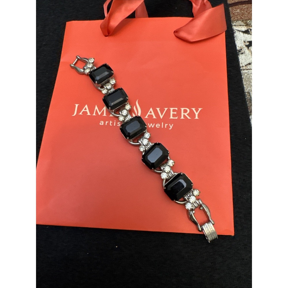 Juliana D&E Vintage 5 Link Chunky Bracelet Black Rhinestones Rhodium Plated EUC
